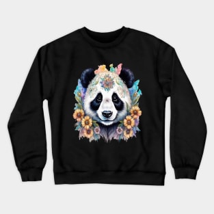 Fantasy, Watercolor, Panda Bear With Flowers and Butterflies Crewneck Sweatshirt